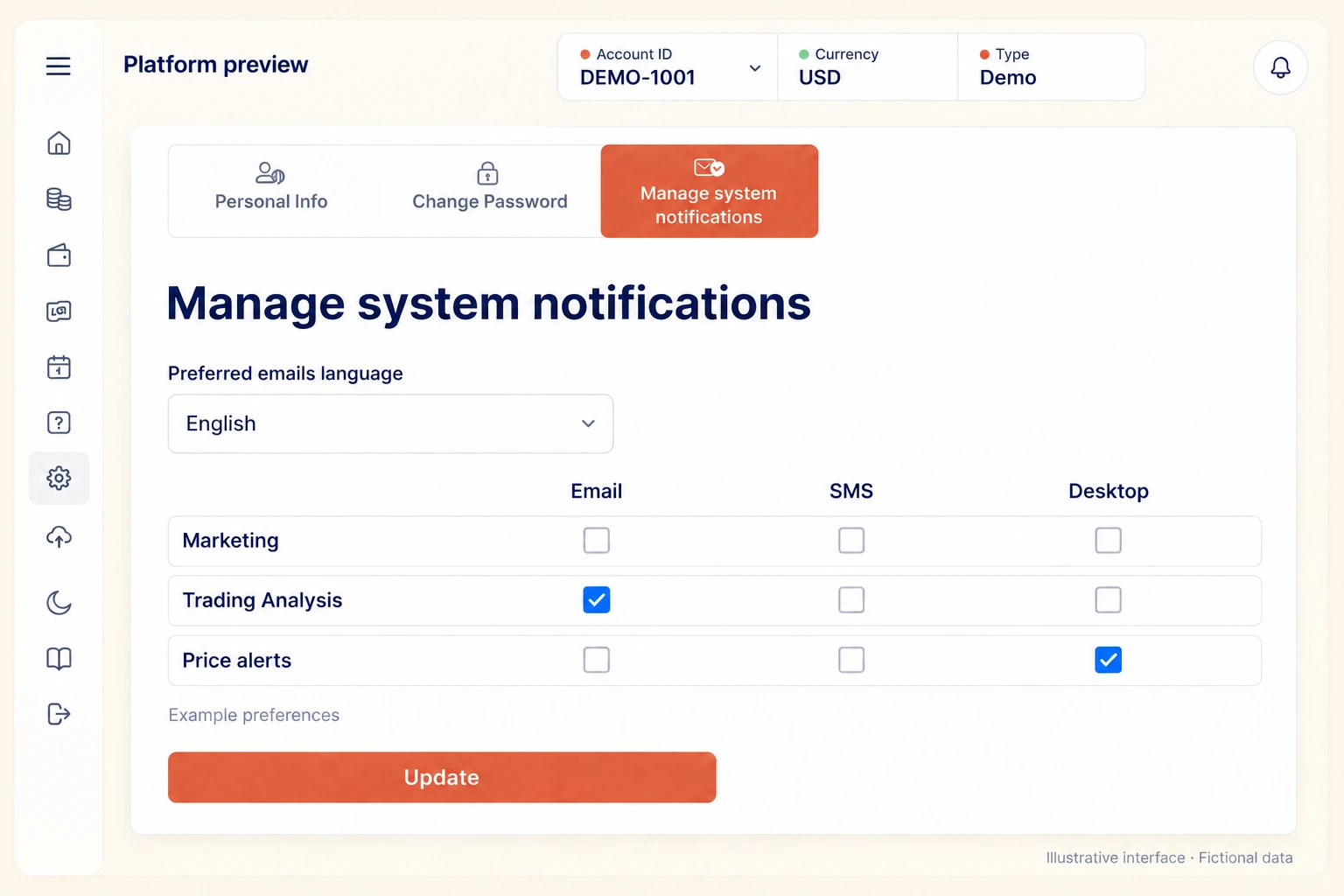 Choose your notifications. Redesigned illustrative interface with fictional data.