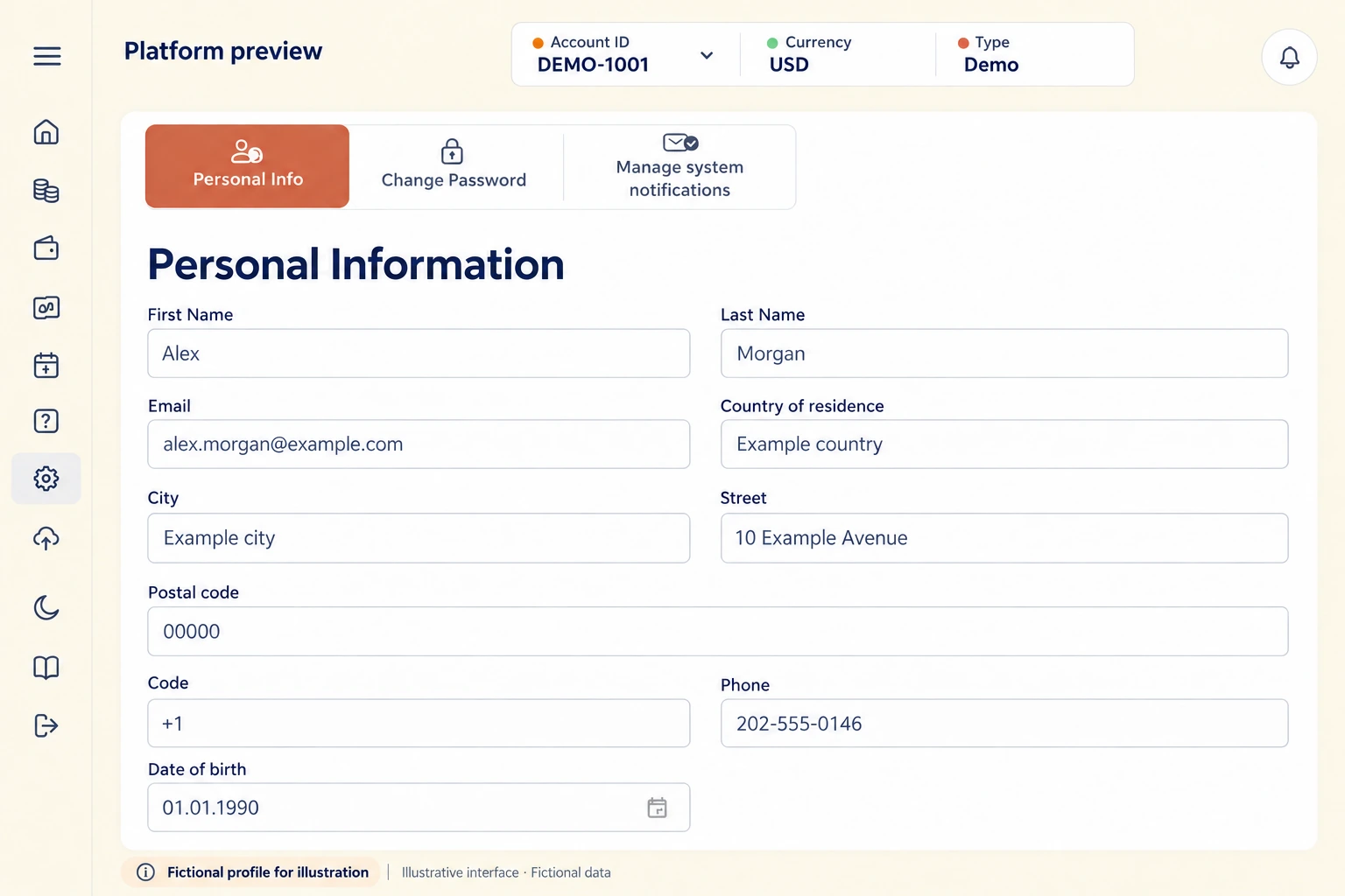Keep your profile accurate. Redesigned illustrative interface with fictional data.