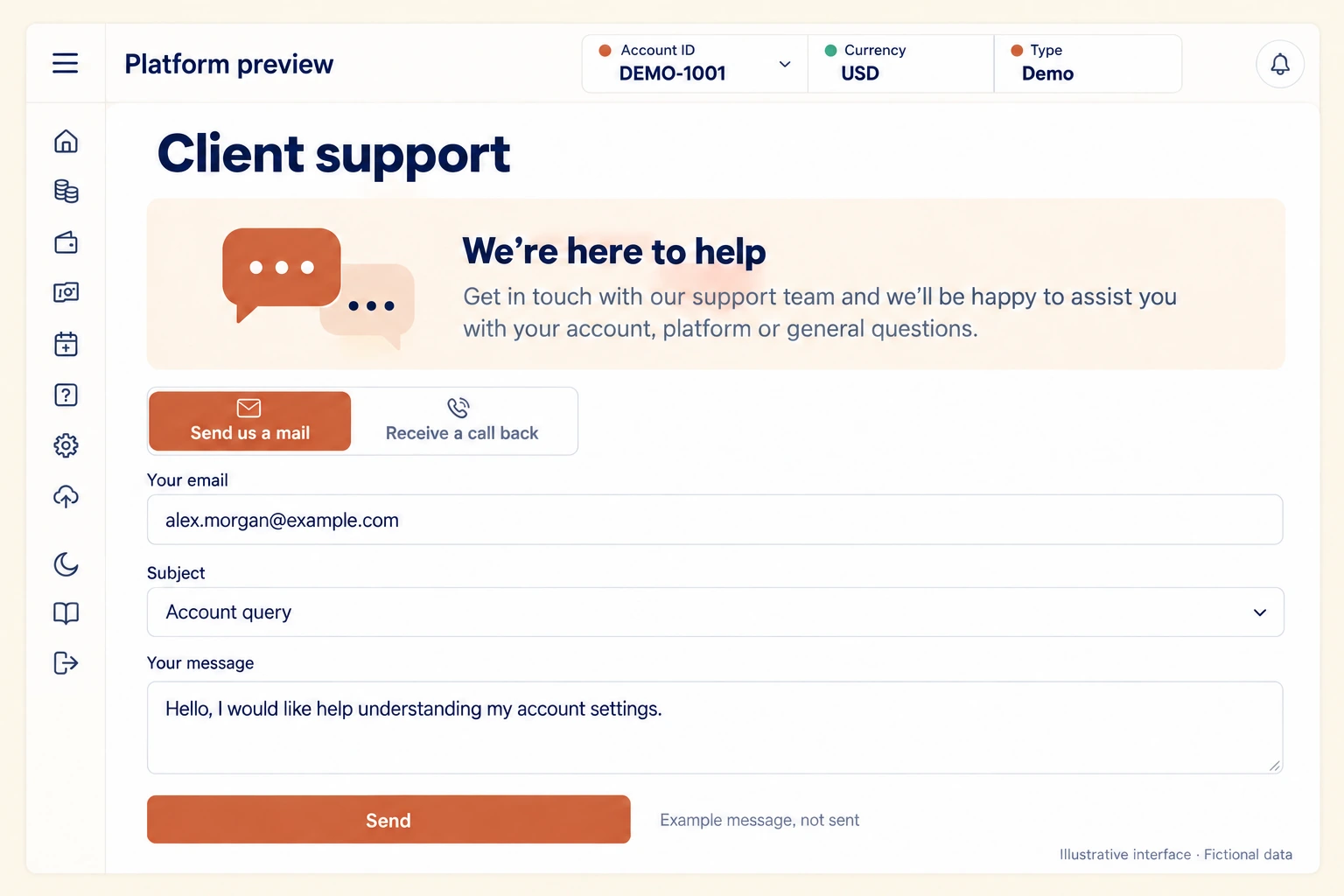 Know where to ask for account help. Redesigned illustrative interface with fictional data.