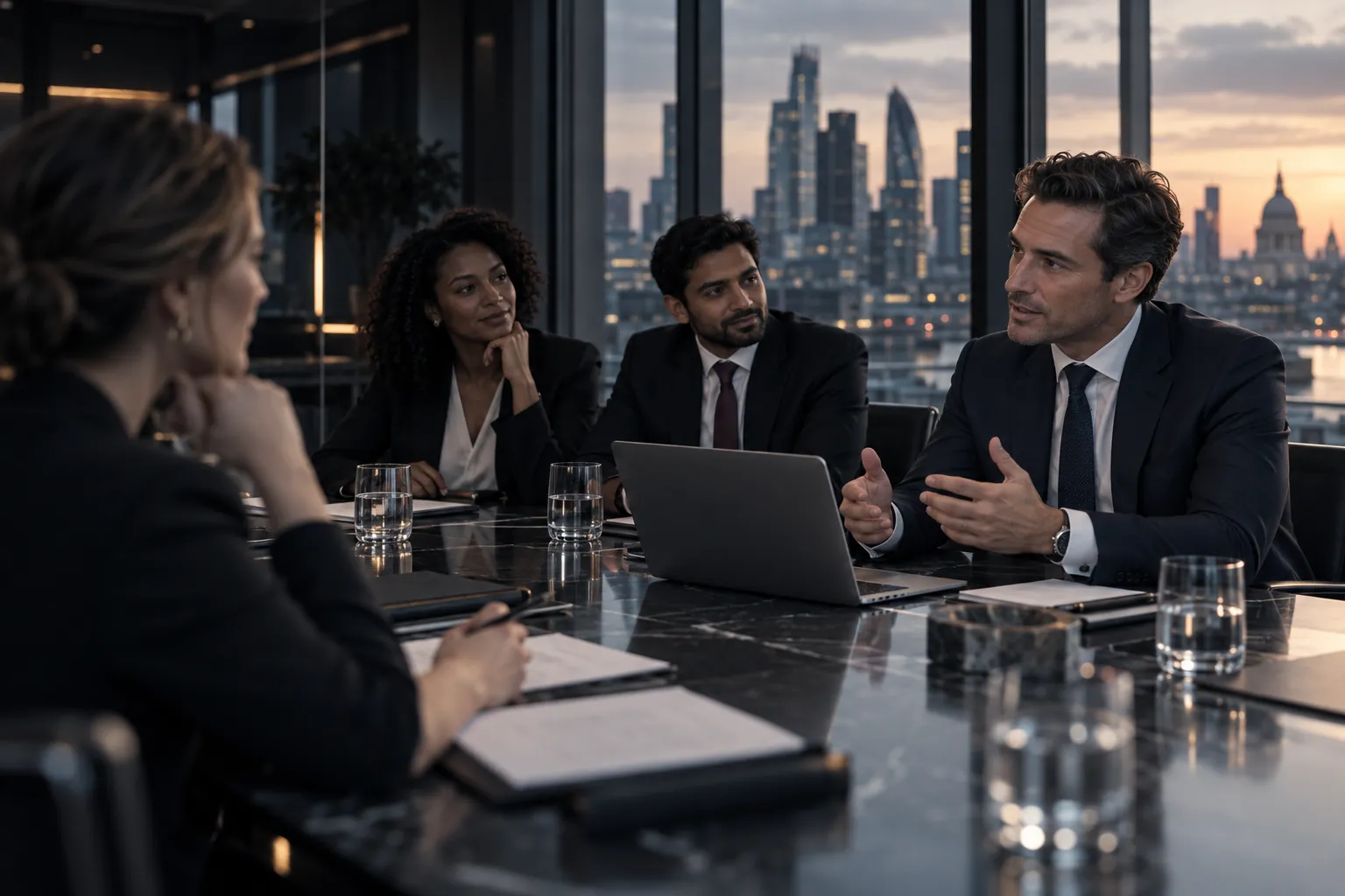 Illustrative multicultural business team discussing a partnership around a conference table