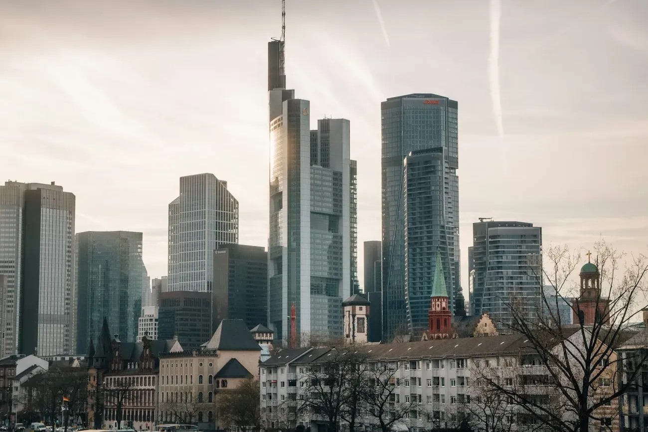 Frankfurt financial district at dusk