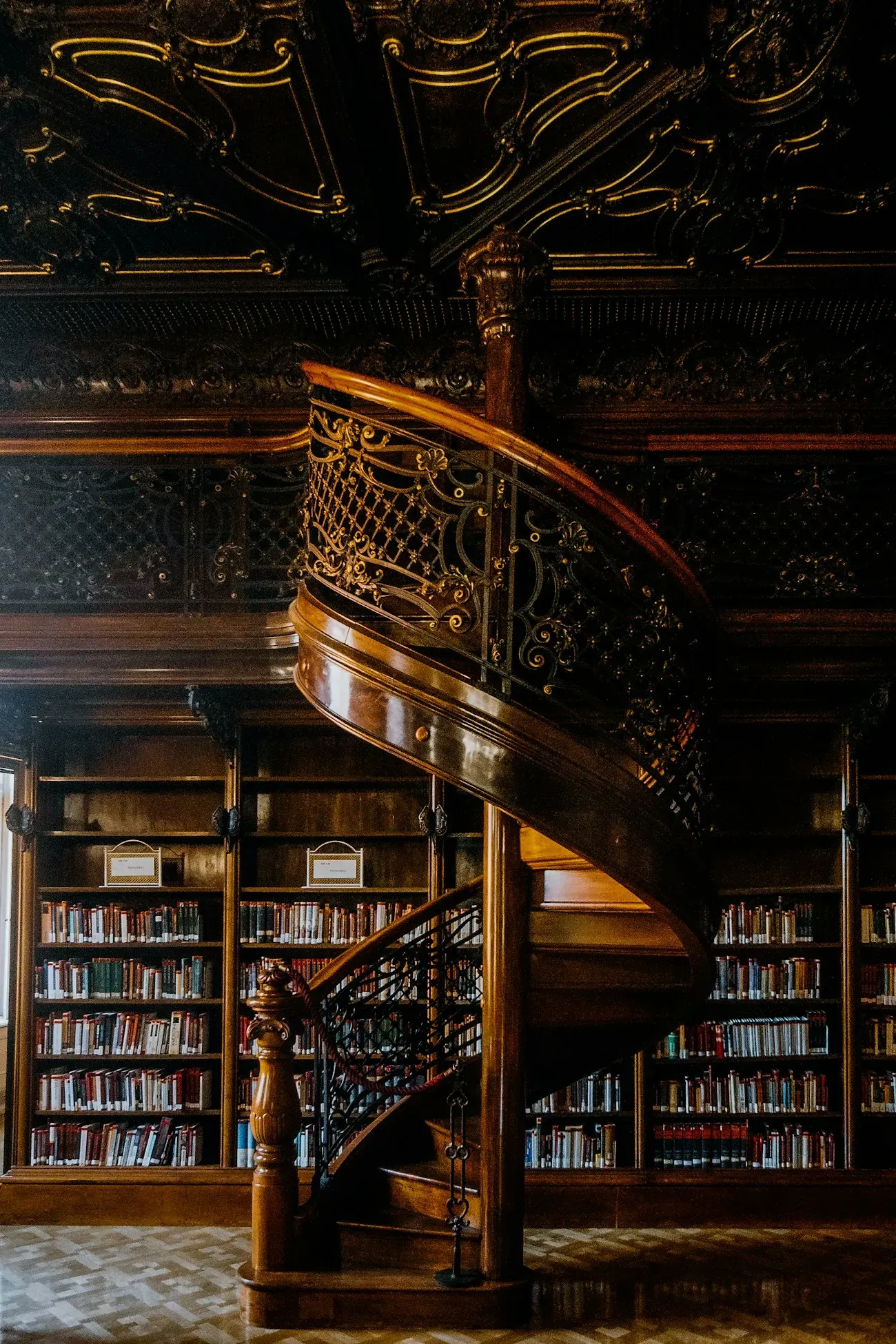 Spiral staircase inside a library